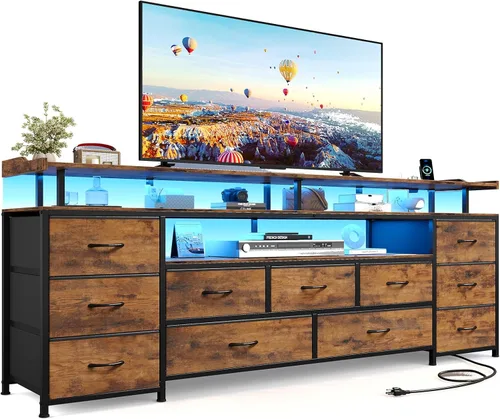 Miniatura 9 de ADORNEVE Soporte de TV para TV de 65 pulgadas, mesa consola de TV de 63" de ancho con luces LED y estación de carga, cómoda larga con 11 cajones