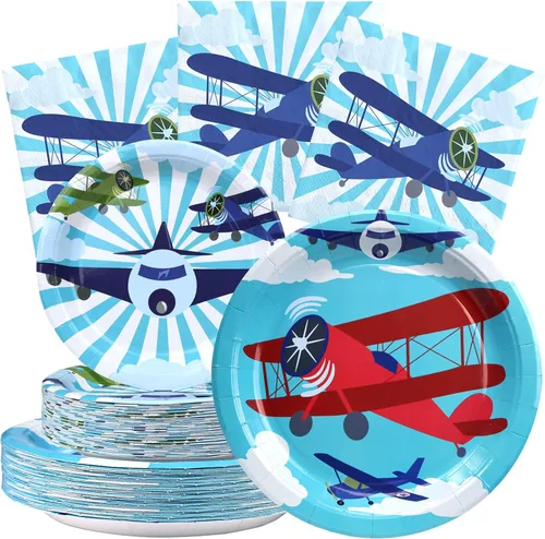 Suministros de fiesta de cumpleaños de avión para 40 invitados, juego de platos de cumpleaños de avión y servilletas, decoraciones de fiesta de