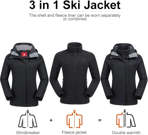Miniatura 2 de CAMEL CROWN - Chaqueta de esquí para mujer, impermeable, 3 en 1, chaqueta de invierno resistente al viento, forro polar cálido, con capucha