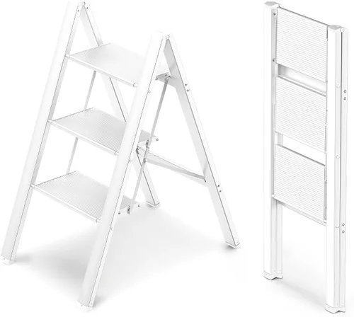 Miniatura 12 de WOA WOA Escalera de 2 escalones, taburete plegable, escalera ligera de aluminio para hogar, cocina y armario, pedales antideslizantes, fácil