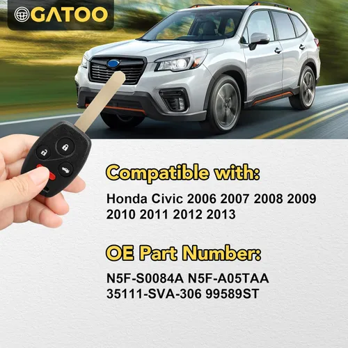 Miniatura 3 de Llavero de repuesto para Civic 2006 2007 2008 2009 2010 2011 2012 2013, N5F-S0084A 99589ST N5F-A05TAA