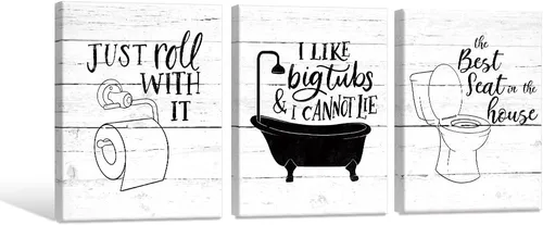 Arte Gracioso de Baño en Lona para Pared en Blanco y Negro Juego de Inodoro y Tina Cartel Impreso en 3 Piezas Pintura de Citas de Baño Estilo Retro