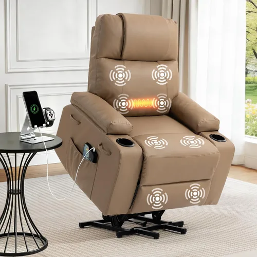Miniatura 13 de Silla Reclinable con Elevación Eléctrica para Personas Mayores con Calor y Masaje, Sillón Reclinable de Cuero PU Eléctrico Ajustable 160° con Marrón