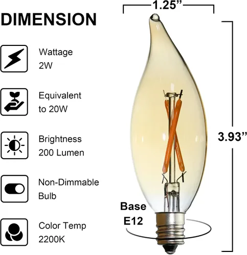 Miniatura 5 de Paquete de 6 bombillas LED de punta de llama C32 de reemplazo, 2 W equivale a 20 W, foco Edison de filamento cálido 2200 K, bombilla de candelabro