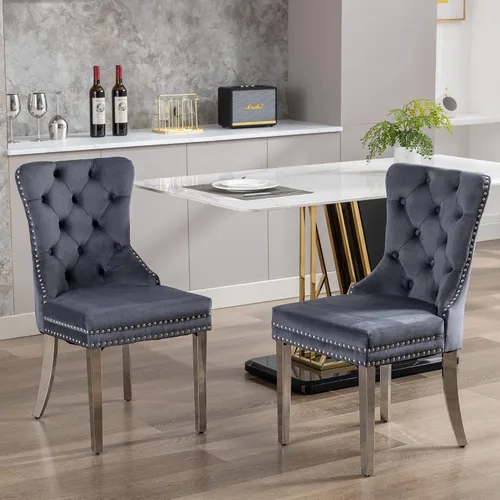 Miniatura 2 de Juego de 2 Sillas de Comedor, Sillas de Terciopelo Acolchado con Patas Modernas de Acero Inoxidable, Ribete de Remaches con Anilla Metálica