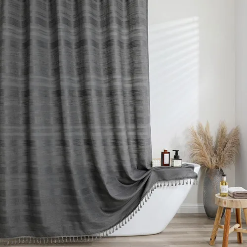 Miniatura 14 de OVZME Cortina de ducha bohemia negra, cortina de ducha estrecha de tela suave a rayas de lino texturizado con borla, moderna decoración de baño