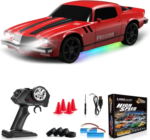 Auto de control remoto RC Drift Car 2.4GHz 1:24 4WD 15KM/H automóvil de carreras de alta velocidad con luces LED, neumático de deriva, juguete Rojo