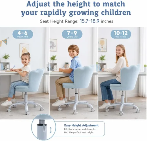 Miniatura 5 de Bonita silla de escritorio para niños, silla de trabajo ajustable de terciopelo para niños, silla giratoria de tocador, silla de computadora