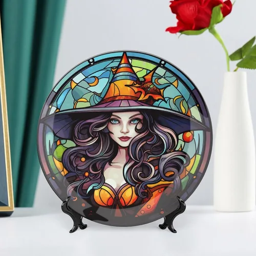 Miniatura 6 de Platos decorativos de bruja con sombrero naranja para decoración del hogar de Halloween, platos de cerámica con diseño de vitrales para sala