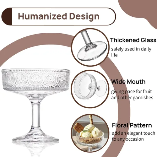 Miniatura 5 de Pumtus Juego de 6 vasos cupé vintage, 7 onzas de vidrio de Martini en relieve, copas de cóctel florales acanaladas, taza de Margarita transparente