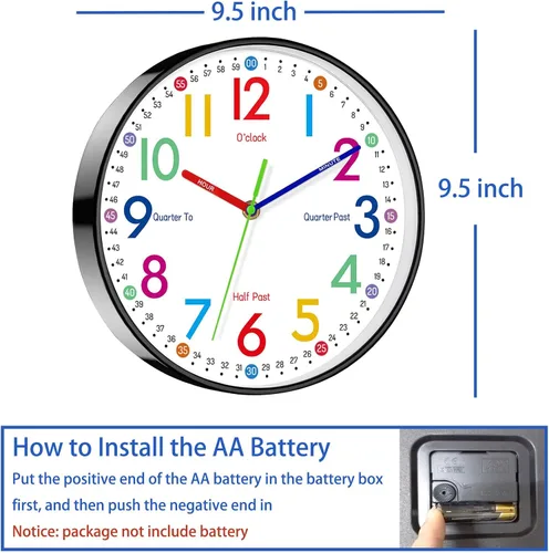 Miniatura 5 de Reloj de pared para niños, 9.5 pulgadas, pequeño, moderno, funciona con pilas, silencioso, analógico, clásico, para oficina, hogar, baño, cocina