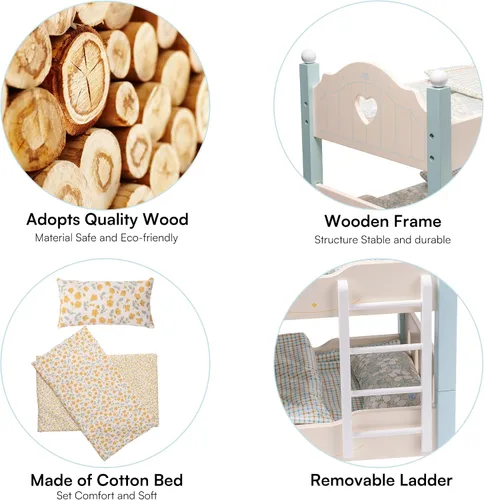 Miniatura 4 de ROBOTIME Literas de muñeca de bebé, cunas de madera para muñecas de 18 pulgadas, cama apilable para muñecas de muñeca para muñecas americanas