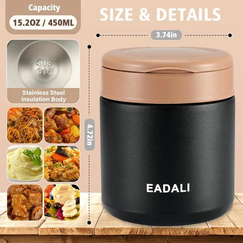 Miniatura 2 de Eadali Tarro de comida para niños de 15.2 onzas para comida caliente, contenedor de almuerzo aislado al vacío con interior de acero inoxidable 316