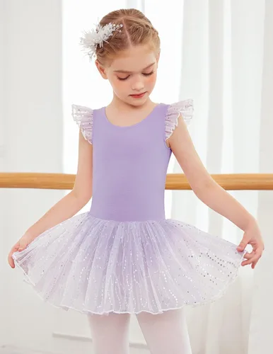 Miniatura 4 de Zaclotre Leotardos de ballet de manga con vuelo para niñas con falda tutú, vestido de baile con lazo en la espalda, trajes de bailarina brillantes