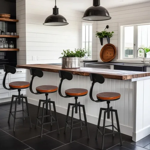 Miniatura 7 de Juego de 2 taburetes de bar industriales con respaldo, asiento giratorio de madera, altura ajustable, 25-32 pulgadas, taburete de isla de cocina