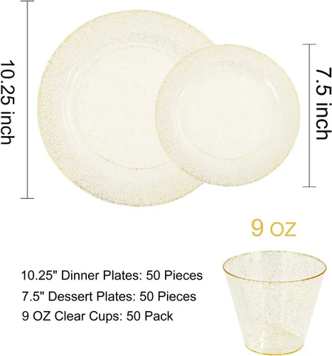 Miniatura 6 de DaYammi Juego de vajilla de 350 piezas con purpurina dorada, 50 platos de oro desechables para invitados, 50 platos llanos, 50 platos de postre, 50