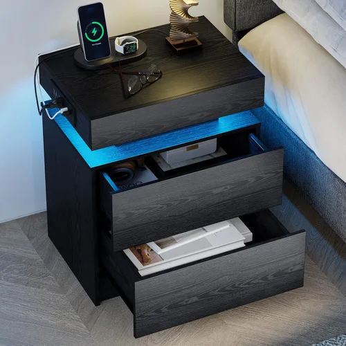 LIKIMIO Mesita de noche con estación de carga, mesita de noche moderna en negro con luz LED y cajones, mesas de cabecera/mesa auxiliar para