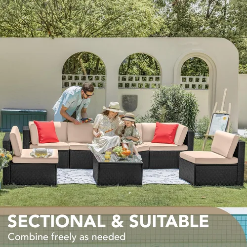 Miniatura 5 de Devoko Juego de 7 muebles seccionales para exteriores para sofá de patio, tejido manual, mimbre de mimbre, juegos de conversación para patio