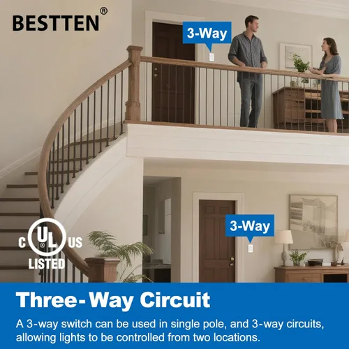 Miniatura 5 de BESTTEN Paquete de 20 interruptores decorativos de pared de 3 vías con placa de pared, 15 A, 120 V/277 V, un solo polo o tres vías, interruptor