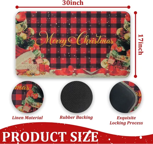 Miniatura 2 de Felpudo Rojo de Búfalo a Cuadros Feliz Navidad Decorativo 30"x17", Felpudo de Árbol de Navidad de Temporada Antideslizante Lavable de Bajo Perfil