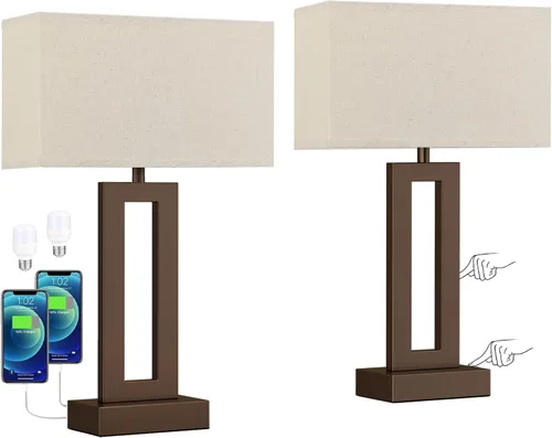 Miniatura 19 de Juego de 2 lámparas de mesa de noche para dormitorio, lámpara de noche táctil con USB C+A, lámparas de sala de estar regulables de 3 vías para mesas