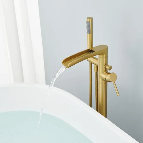 Miniatura 4 de Wowkk Grifo de bañera independiente en cascada de latón con mango único de latón cepillado con ducha de mano Oro cepillado