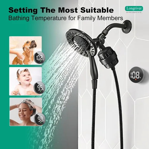 Miniatura 2 de Tem8(R7Pro) Accesorio de filtro de ducha de baño con pantalla de temperatura inalámbrica Purificador de agua dura 99.99% elimina cloro y metales