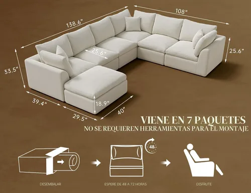 Miniatura 2 de ohllob Sofás seccionales Cloud de 110 pulgadas para sala de estar, sofá deshuesado en forma de L con otomana, sofá modular de 3 plazas, color negro