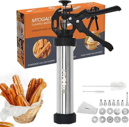 Máquina para hacer churros, kit de pistola Churro de acero inoxidable de 21 piezas, pistola para hacer churros, juego de prensa de galletas, churro