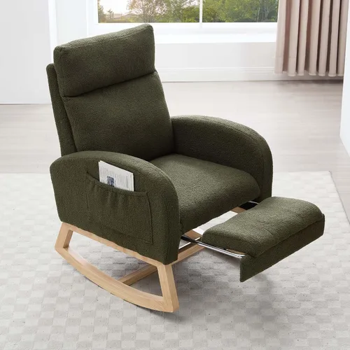 Miniatura 15 de Mecedora de lactancia de 40 pulgadas, sillas de guardería con reposapiés ajustable, respaldo alto, sillón tapizado con bolsillos laterales, mecedora