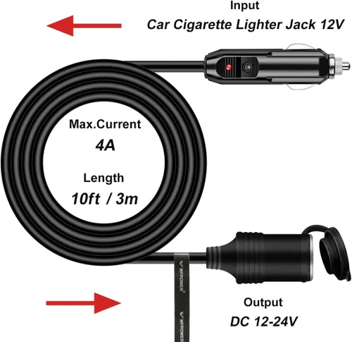 Miniatura 6 de Cable de extensión para encendedor de cigarrillos de 10 pies 8A, cable de núcleo de cobre puro, cable de enchufe de alimentación CC automático 8A