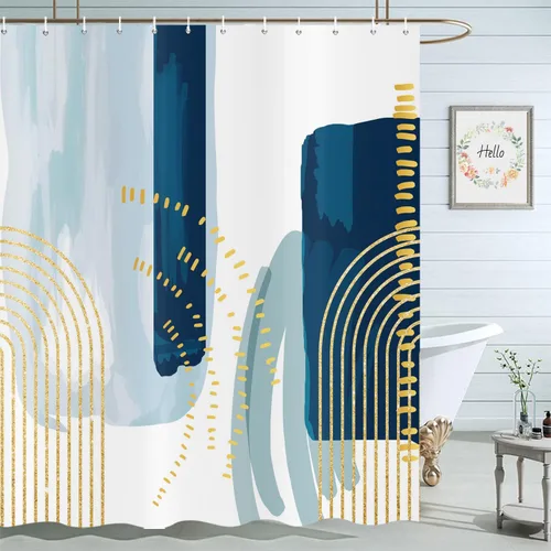 Miniatura 2 de deFouliao Cortina de ducha azul bohemia de mediados de siglo, cortinas de ducha modernas azul marino con líneas doradas minimalistas, impermeables