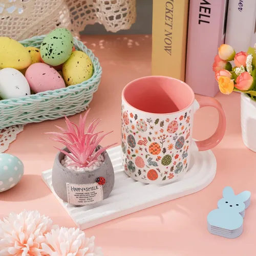 Miniatura 5 de JarThenaAMCS Taza de té de cerámica con diseño de conejo y huevo de Pascua, taza de café rosa para fiesta de primavera, hogar, escuela, oficina