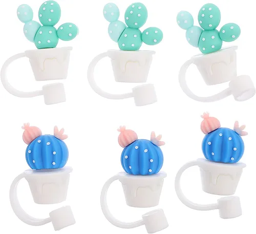 Miniatura 2 de Abaodam 6 puntas de popote de silicona para beber, tapas reutilizables de silicona, estilos de cactus