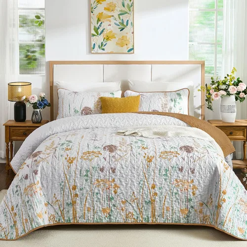 Miniatura 15 de Dobuyly - Juego de edredón para cama tamaño Queen, con diseño floral botánico en color teja, juego de edredón de 3 piezas, de microfibra suave