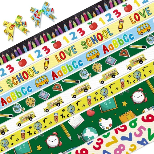 9 cintas decorativas de grogrén – Love ABC 123 Words School Bus Impreso Cintas para el primer día de escuela, envoltura de regalos, decoración de