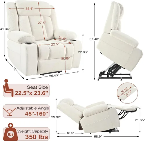 Miniatura 3 de cinkehome Sillón reclinable grande para ancianos, silla reclinable con reposapiés extendido, control remoto, portavasos, bolsillo lateral, forro