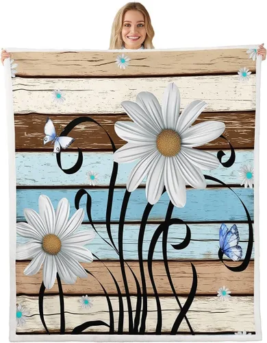 Elegant Daisy Flower Throw Blanket,Country Floral Bed Plush Blanket for Living Room Decor,Vintage Wooden Stripes Couch Bed Sofa Soft Cozy Kids
