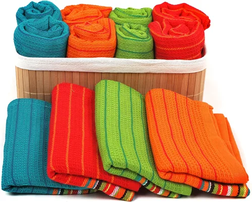 Miniatura 5 de Salsa Stripe - Toallas de cocina de 100 % algodón absorbente natural, gofres, multiusos, color rojo, naranja, verde, azul (28 x 16 pulgadas)