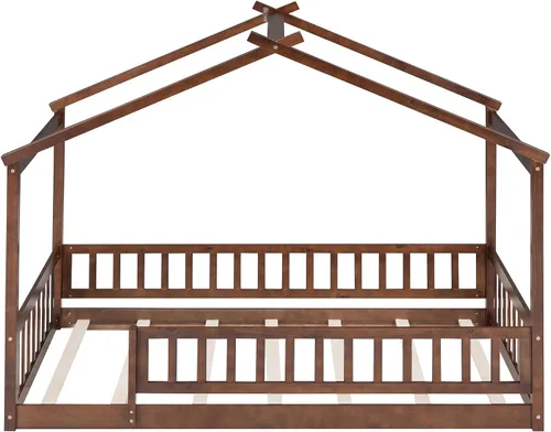 Miniatura 4 de Cama de casa tamaño individual con barandillas de valla, marco de cama de madera estilo Montessori para niños, divertidas camas de casa