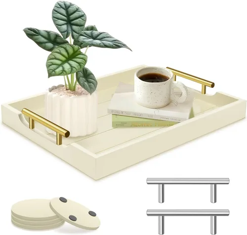 Miniatura 13 de SXNOWS Bandejas de mesa auxiliar, bandeja otomana grande para sala de estar, bandeja de madera para servir con 2 juegos de asas, bandeja de madera