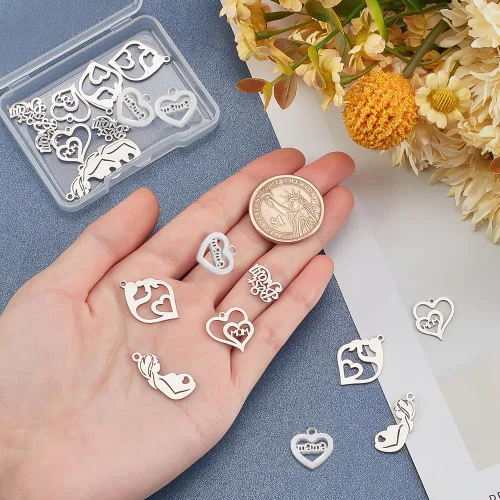 Miniatura 5 de PH PandaHall 20 dijes de 5 estilos para mamá, de acero inoxidable, con texto en inglés "Best Mom I Love Mom", dije de corazón para mamá, dije