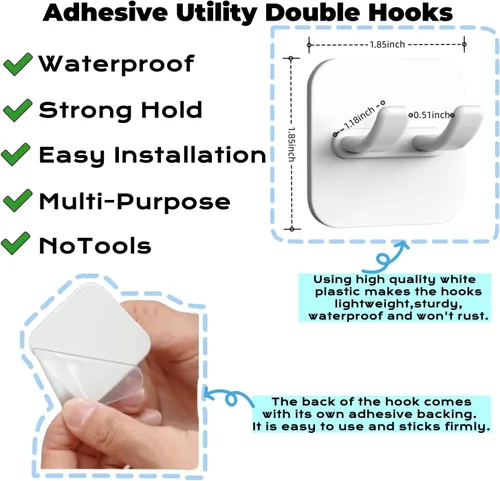 Miniatura 2 de Ganchos adhesivos, ganchos dobles impermeables que se pegan, gancho de pared sin daños, gancho de plástico blanco multiusos para afeitar, toalla