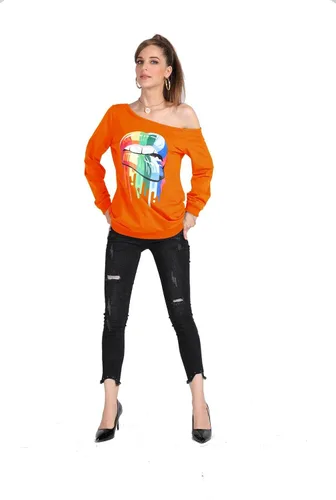 Miniatura 4 de MAGICMK - Suéter de hombros descubiertos y manga larga para mujer, blusas informales con estampado de labios, tallas extragrandes, holgadas