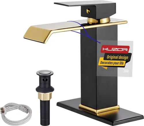 Miniatura 11 de Grifo de baño de cascada negro mate – Grifo de fregadero de acero inoxidable 304 de un solo orificio con drenaje desplegable de metal, diseño