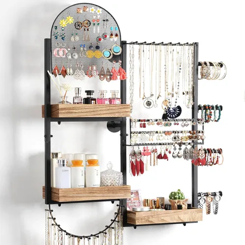 Miniatura 9 de Keebofly Organizador de joyas colgante de montaje en pared, soporte de exhibición grande para aretes, anillos, collares, pulseras, relojes y Negro