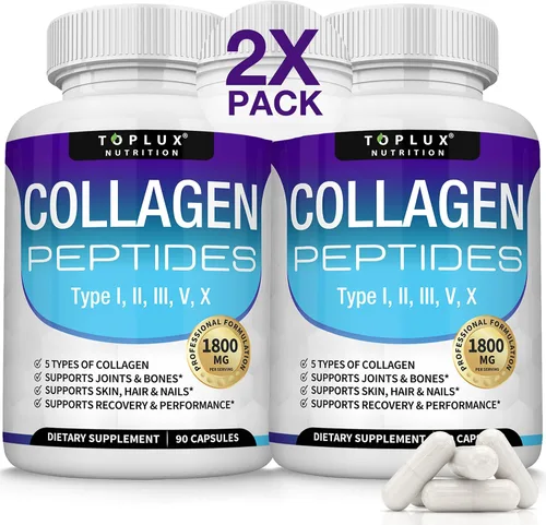 Toplux Píldoras de Péptidos de Colágeno Múltiple Complejo de 1800 Mg - Tipo I, II, III, V, X Complejo de Colágeno Premium para Mejor Piel y Cabello,