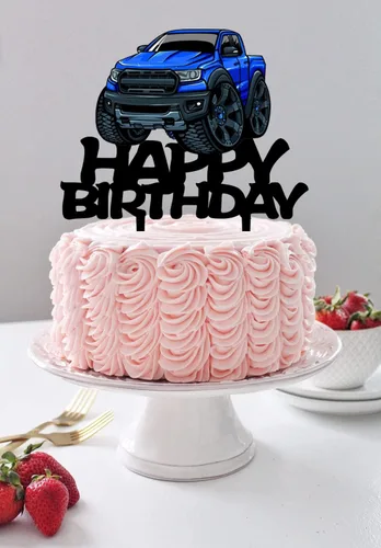 Miniatura 3 de Decoración para tartas de camioneta, suministros de fiesta temática de transporte de acrílico negro, decoración de pastel de feliz cumpleaños