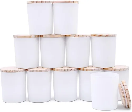 Miniatura 36 de SHOWIN Tarros de vela gruesos de 14 OZ para hacer velas 12 Piezas, tarros vacíos de 3 mechas con tapas de madera para hacer velas, recipiente