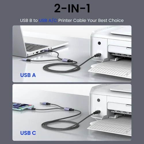 Miniatura 3 de MOSWAG Cable de impresora USB 2en1 de 3.28 pies/1M con cable USB C a MIDI, cable de impresora, cable USB MIDI USB C a USB B MIDI, cable, compatible
